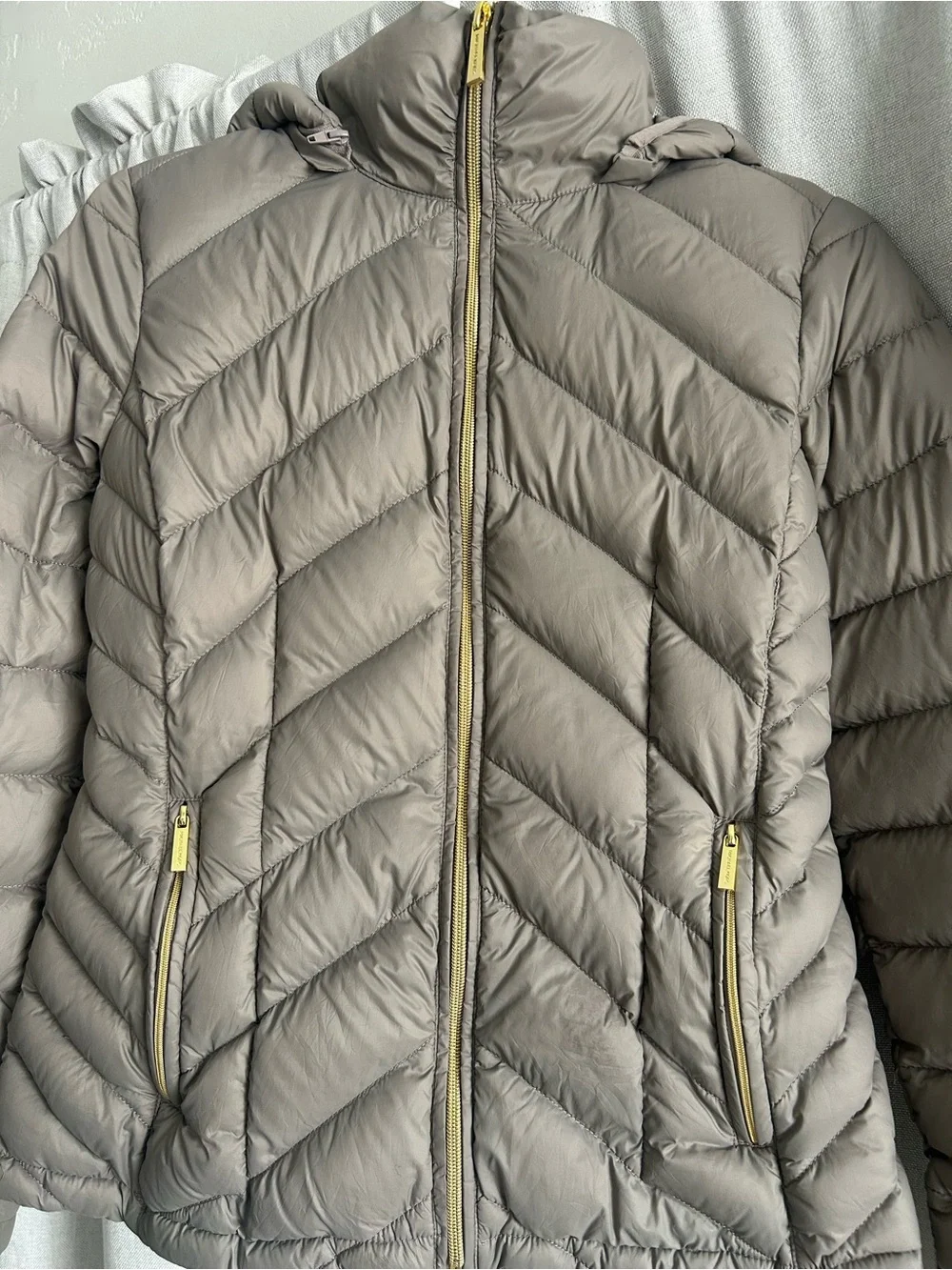 Michael Kors Taupe Chevron Quilted Puffer Jacket